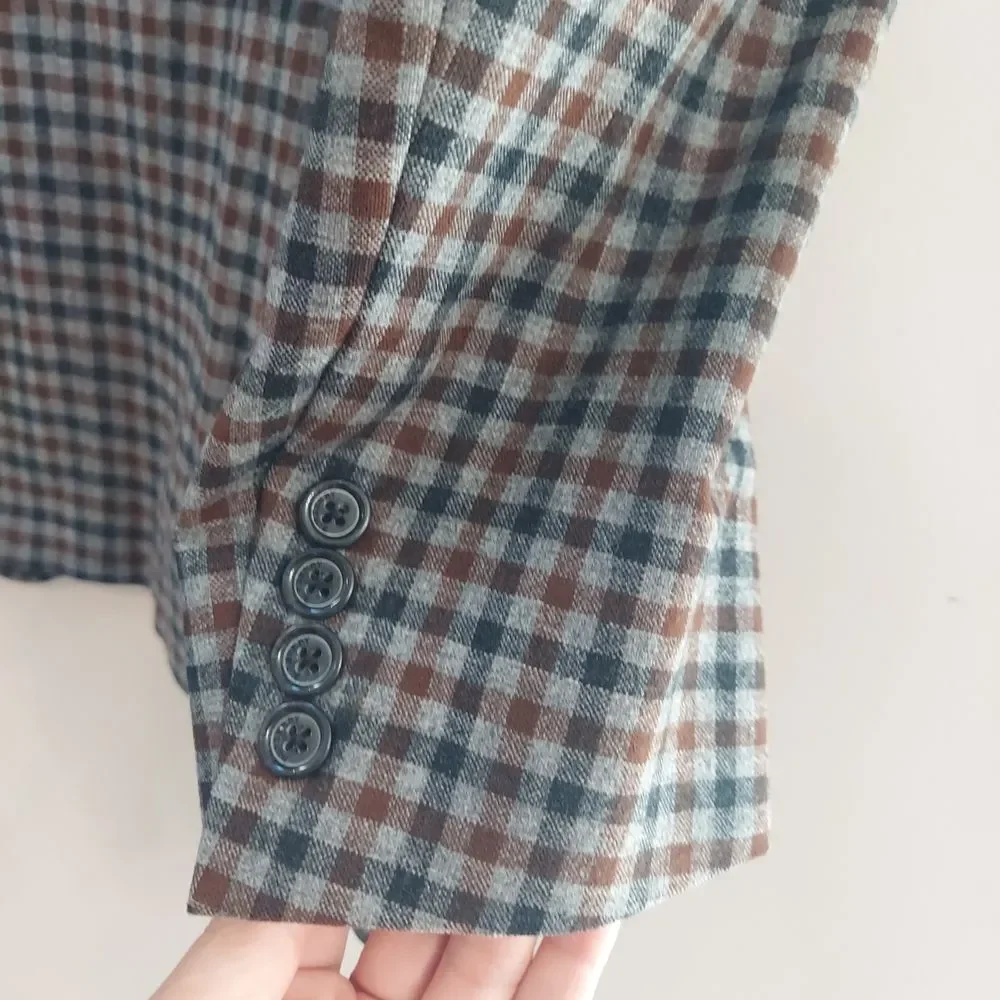 Burberry Gray, Brown, Black Plaid Blazer Jacket Cashmere Blend Sz 40 REG